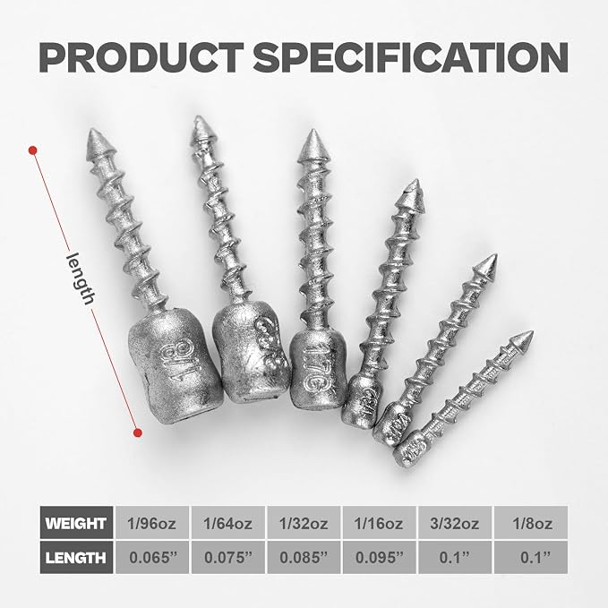 60/80-PCs Hard Alloy Screw Nail Weights, Stamped Insert Bass Fishing Sinkers, Assortment 6 Sizes for Neko Rig/Hover Rig&Wacky Worm Rig