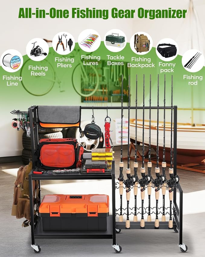 EXTCCT Fishing Rod Holders for Garage, Fishing Pole Rack Holds Up to 16 Rods with Hooks, Heavy Duty Rolling Fishing Cart with Wheels, Fishing Equipment Storage for Man's Gift (Black)
