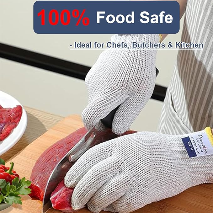 Dowellife Level 8 Reinforced Cut Resistant Gloves, Food Grade, Knife Safety Gloves for Meat Cutting, Oyster Shucking, Fish Fillet, Kitchen Slicing and Wood Carving, White, X-Large