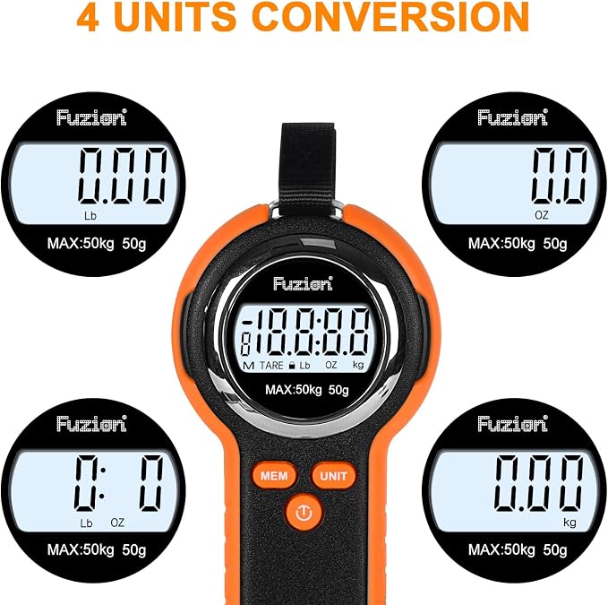 Fuzion Fish Scale, Professional Fishing Scale - 110lb Capacity, Waterproof, Night Light, Memory & Tape Measure | Portable Fish Weigh Kit w/Lip Gripper, Batteries & Pouch