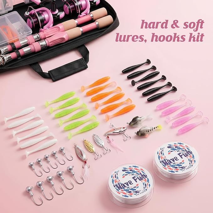 2PCS Pink Telescopic Fishing Rod Reel Combo, Portable Collapsible Spinning Pole with Smooth Reel, Lures Tackle Box Kit, Travel Bag Saltwater Freshwater Fishing Gear Gift for Women Girls Family
