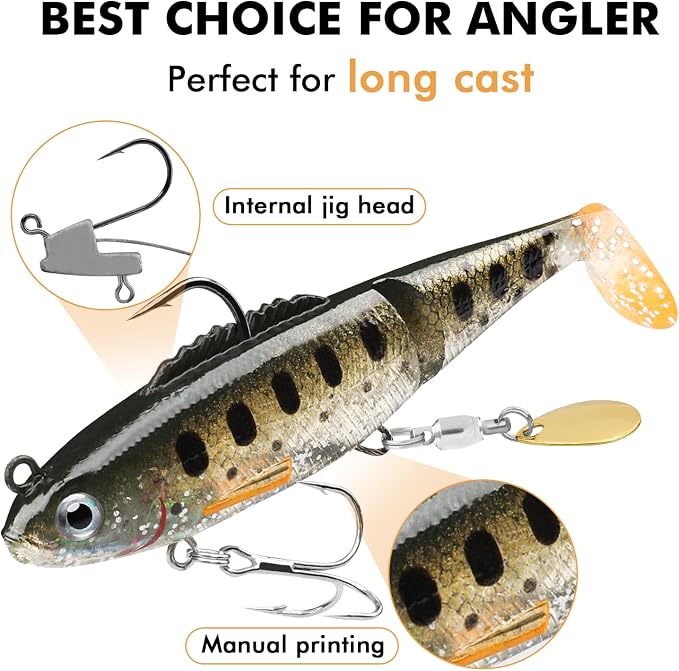 TRUSCEND Shadtale Easy Catch Soft Fishing Lures with BKK Hooks - Trembly Sinking and Vibrating Swim for More Bites, Pre-Rigged Swimbaits for Bass, Trout, Crappie, Walleye, Freshwater Saltwater Fishing
