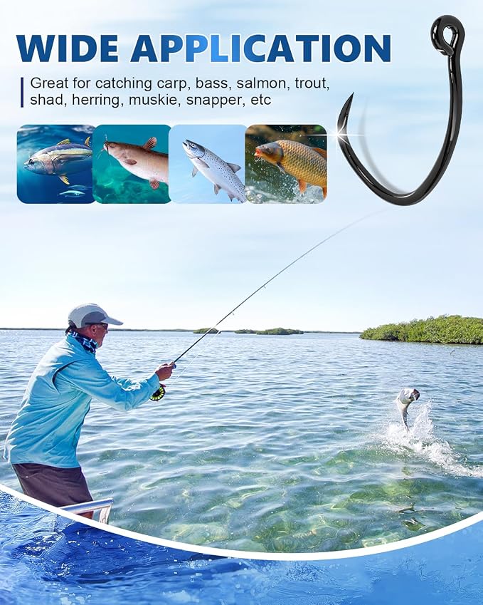UCEC 190/220/260PCS Barbless Fishing Hooks, Carp Hooks Circle Curve Shank Fly Tying Fishing Hook Tackle Kit for Freshwater Saltwater Hair Rig Trout Size: 2# 4# 6# 8# 10#