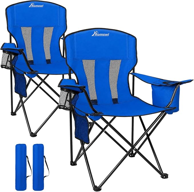 Romswi Portable Camping Chairs for Adult Support 400 LBS, Folding Outdoor Chairs with 4-Can Cooler Bag, Folding Chair with Mesh Back for Outdoor, Fishing, Garden, 2-Pack, Blue