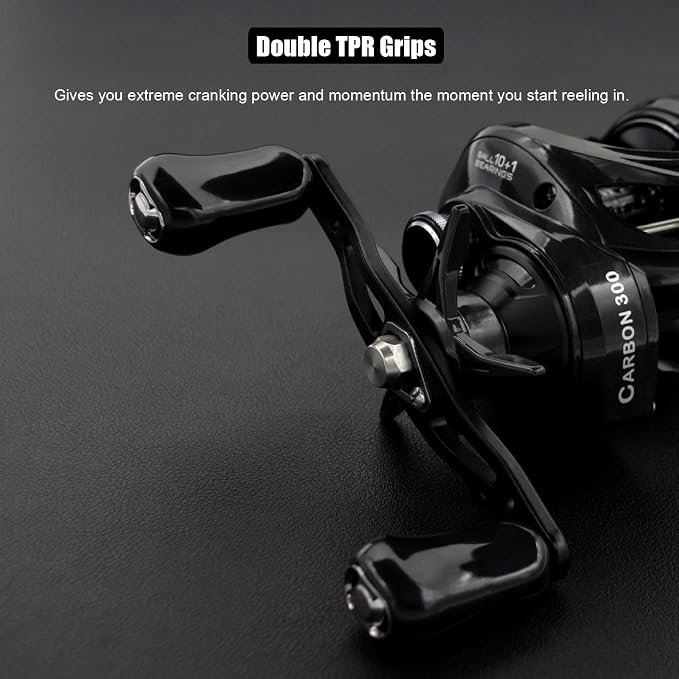 Carbon 300 Baitcasting Fishing Reel, High Line Capacity Baitcaster Reels, 6.3:1 Gear Ratio, 10+1 Stainless Steel Ball Bearings, 10 Button Magnetic Brakes, Carbon Fiber Frame and Side Covers