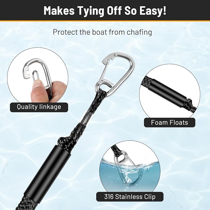 4-5.5ft, Bungee Dock Line with Stainless Steel Clip Safe Boat Rope Mooring String with Foam Float for Pontoon, Boat Accessories, Sea Doo,2 Pack (Black)