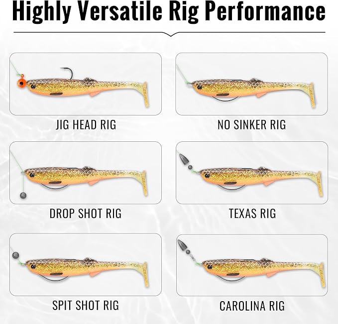 TRUSCEND Shadtale Easy Catch Soft Fishing Lures with BKK Hooks - Trembly Sinking and Vibrating Swim for More Bites, Pre-Rigged Swimbaits for Bass, Trout, Crappie, Walleye, Freshwater Saltwater Fishing