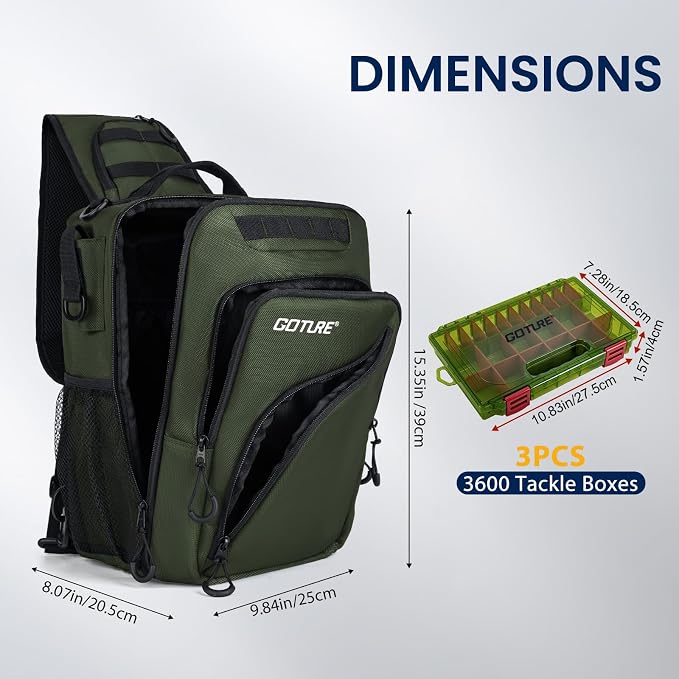 Goture Green Tactical Sling Fishing Bag with Trays, Heavy Duty 1680D Fishing Backpack for Hiking Camping, Adjustable Shoulder Strap with Rod Holder & Tool Pockets, Tackle Box Organizer Bag
