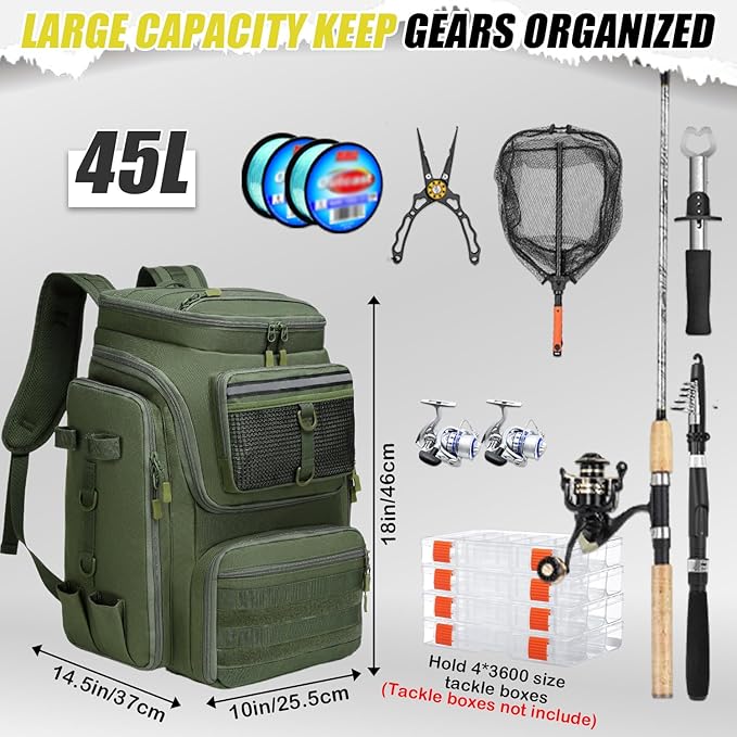 HAMBOLY Fishing Backpack 45L with Rod Holders, Water-Resistant Tackle Backpack for Fishermen, Large Capacity Fishing Gear Bag for Travel Hiking Camping