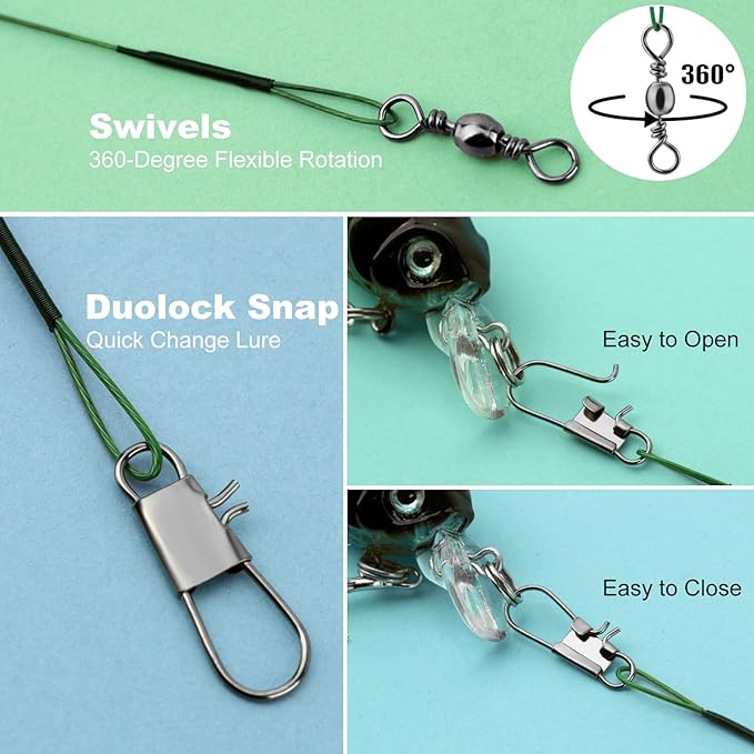 Realure 50Pcs Stainless Steel Fishing Leaders with Swivels Snap Connect Kit High Strength Fish Line Wire Leaders for Fishing Saltwater 4/6/8/10/12inch Fishing Wire Leader Line for Lure Bait Rig Hooks