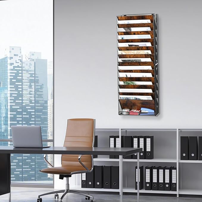 TQVAI 12-Tier Hanging Wall File Organizer - Folding Wall Mounted Mail Document Holder, Metal Clipboard Storage Rack for Office, Homeschool, Classroom Organization, Black/Vintage