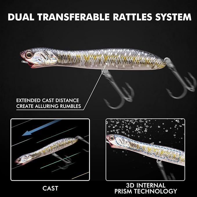 TRUSCEND Popobait Easy Catch Fishing Lures with BKK Hooks, Instant Startup, Longer Cast, Balanced Spray/Sound/Swim, Plopper Topwater Lures for Bass, Trout, Pike, Walleye, Freshwater Saltwater Fishing