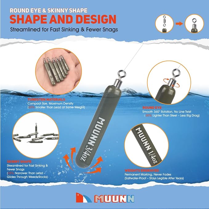 10 Pack Tungsten Skinny Drop Shot Weights, Pencil Sinkers with Round Eye for Free Rig & Finesse Bass Fishing, Drop Shot Rig Weights