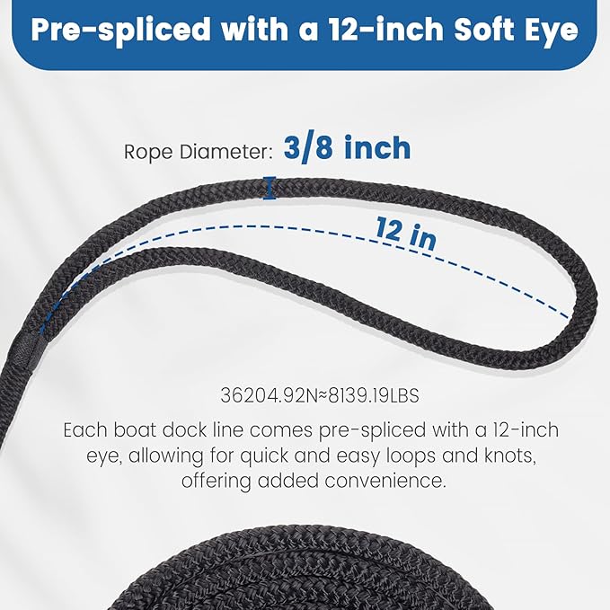 Premium Marine-Grade Dock Lines - 2 Pack 3/8" x 25' Strength-Tested Double Braided Nylon Boat Ropes with 12" Security Loops | Heavy-Duty Docking & Mooring Rope