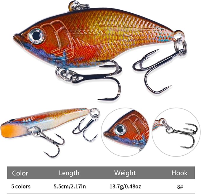 Lipless Crankbait, Rattle Trap Fishing Lures for Freshwater Saltwater, Lipless Crankbaits for Bass Fishing Lure Set for Bass Trout Walleye Redfish Pike, 5pcs with Box