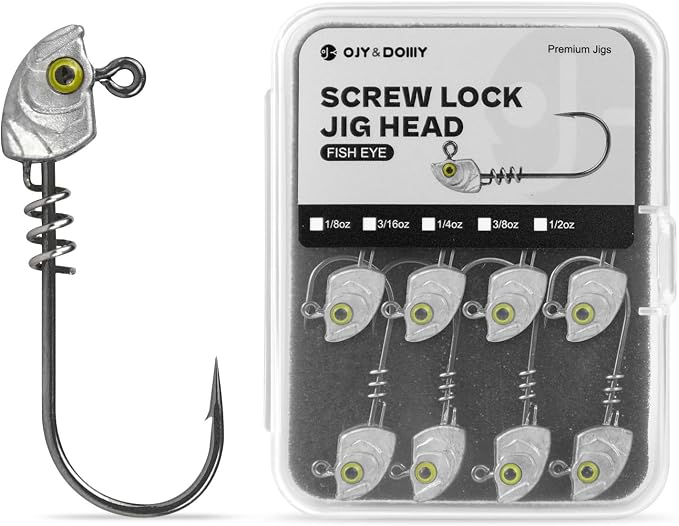 15-Pack Screw Lock Swimbait Jig Heads – 3D Chartreuse Eyes 1/8 3/16 1/4 3/8 1/2 oz, 3/0 & 4/0 Fishing Hooks