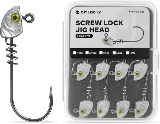 15-Pack Screw Lock Swimbait Jig Heads – 3D Chartreuse Eyes 1/8 3/16 1/4 3/8 1/2 oz, 3/0 & 4/0 Fishing Hooks