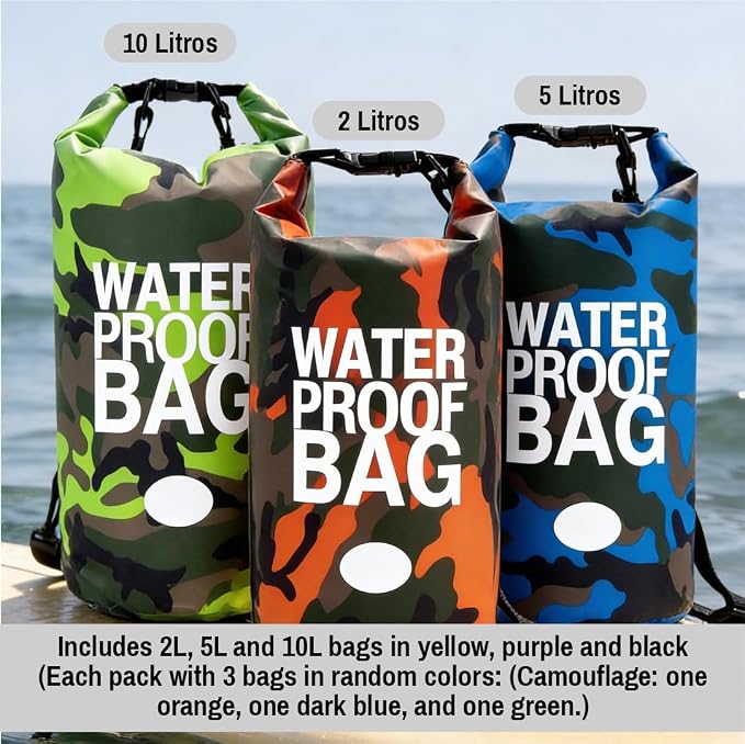 Waterproof Backpack Roll Top Dry Bag Set of 3 (2L 5L 10L) – PVC Dry Bags Waterproof for Kayaking, Camping, Beach & Travel – Floating Outdoor Dry Sack (Camouflage Orange, Dark Blue, Green)
