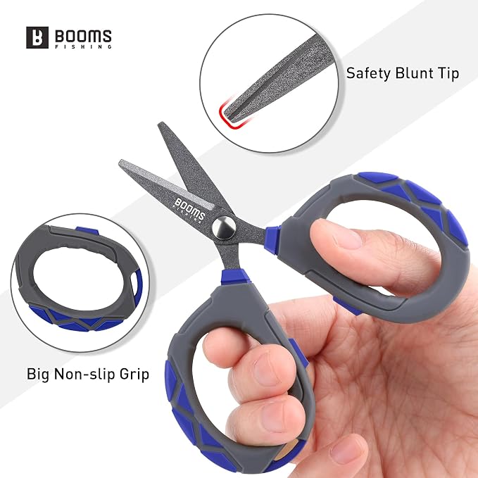Booms Fishing Braided Line Scissors: Micro-Serrated Stainless Steel Blades Line Cutter - XW01 4.1" Fishing Serrated Shears with Coiled Lanyard
