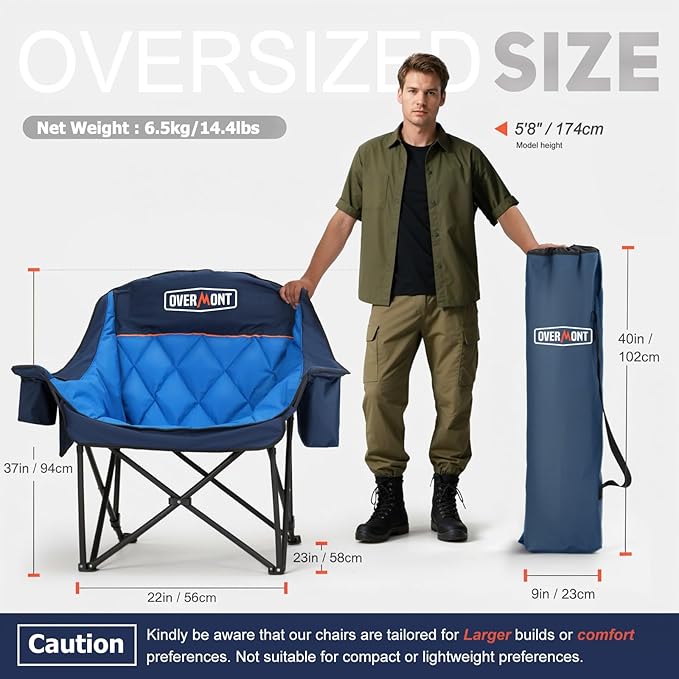 Overmont Oversized XL Camping Chair for Adults - 500lbs Support Heavy-Duty Padded Folding Chair with Side Pocket Cup Holder Cooling Bag for Outdoor Sports Garden Beach Fishing Lawn Blue