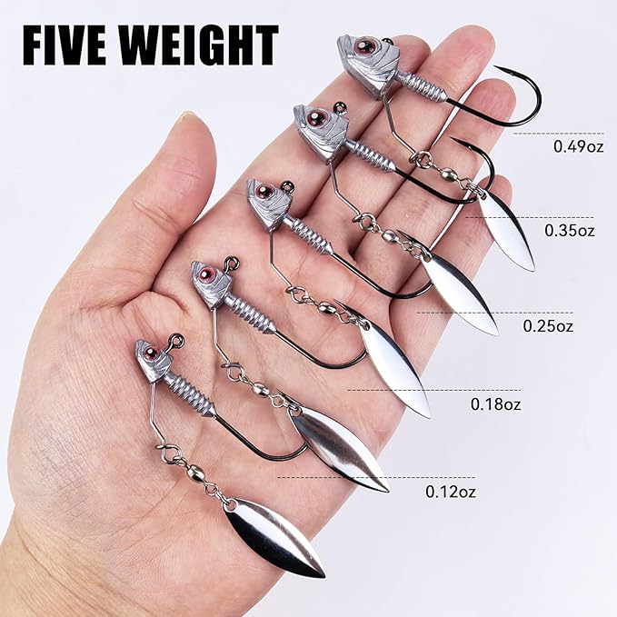 10Pcs Underspin Jig Heads with Spinner Blades 1/8 3/16 1/4 3/8 1/2oz Fishing Jig Heads with 3D Eyes for Bass Crappie Freshwater Saltwater Fishing