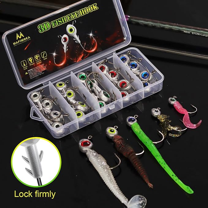3D Fish Eye Jig Heads, 5 Colors with Lifelike Eyes, Multi Weights, Barbed Fishing Hooks for Walleye Bass Crappie