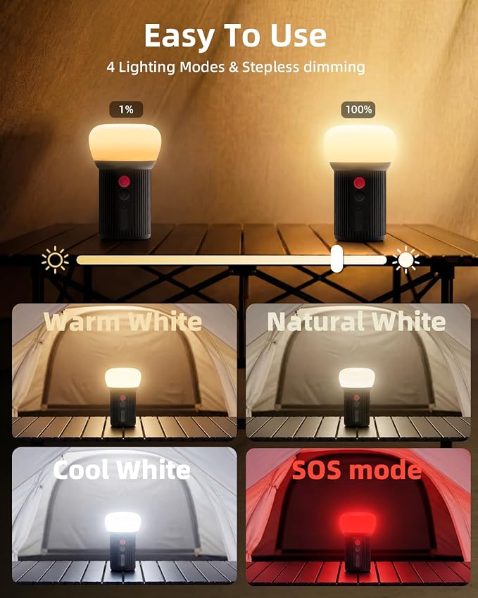 LED Rechargeable Camping Lantern with Hook - 6000mAh Emergency Outdoor Camping Lights, IPX5 Water Resistant Portable Tent Lights for Hiking, Backpacking, Fishing, Outages (Black 2Pack)