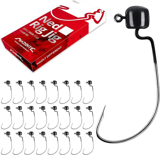 MadBite by KastKing Ned Rig Jig Heads for Soft Fishing Lures, 24-Pack Finesse Standard Mushroom Stand-up Ned Heads Kit, Needle Point Saltwater & Freshwater Versatility Ned Rig Hooks 1/8, 1/16, 3/16 oz