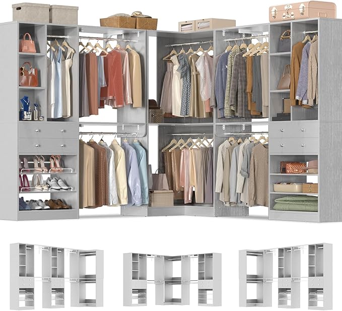 Closet System (Set of 3) with 4 Drawers, 8 Hanging Robs, 91.5"/151" Closet Organizer System with Corner Tower, Reversible Walk-in Closet System Corner Closet System, Morandi Grey