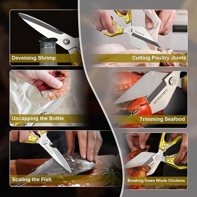 Dream Reach Kitchen Scissors Heavy Duty Kitchen Shears for Food, Meat Scissors Dishwasher Safe, Poultry Shears Set for Turkey, Meat, Seafood, Bone Cutting - Gifts for Men (Golden)
