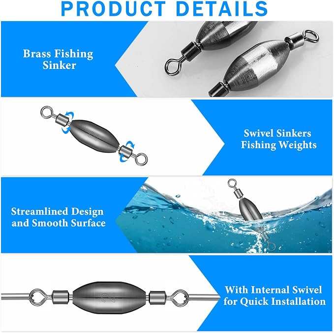 Seenelling 20 Pcs Brass Fishing Sinker Swivel Fishing Weights Saltwater Bullet Sinkers Drop Shot Weight Egg Sinkers with Swivel Rolling Removable Freshwater