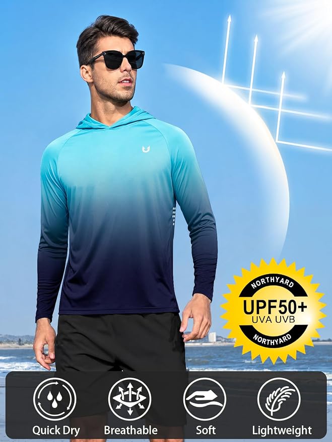 NORTHYARD Men's UPF 50+ Rash Guard Hoodie Long Sleeve Sun Protection Shirt Fishing Swim Beach Hiking Quick Dry Lightweight