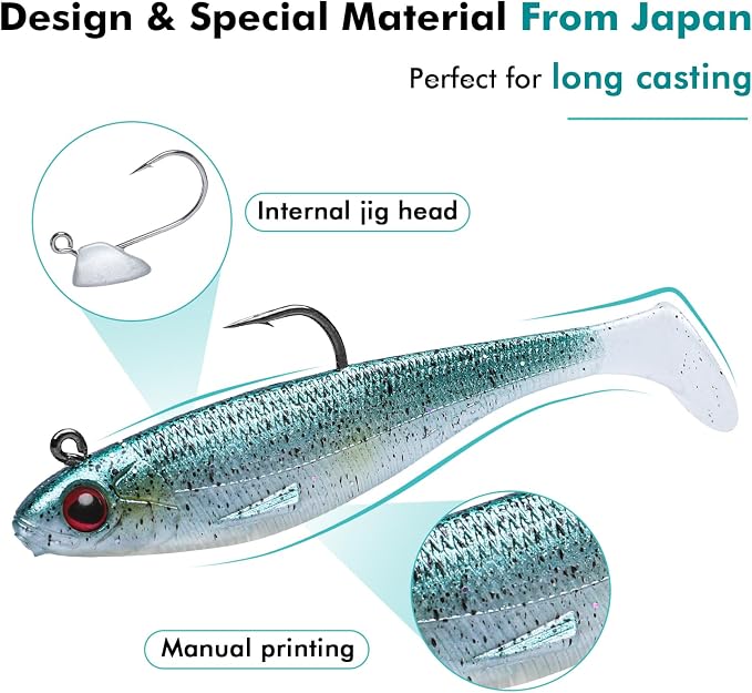 TRUSCEND Shadtale Easy Catch Soft Fishing Lures with BKK Hooks - Trembly Sinking and Vibrating Swim for More Bites, Pre-Rigged Swimbaits for Bass, Trout, Crappie, Walleye, Freshwater Saltwater Fishing