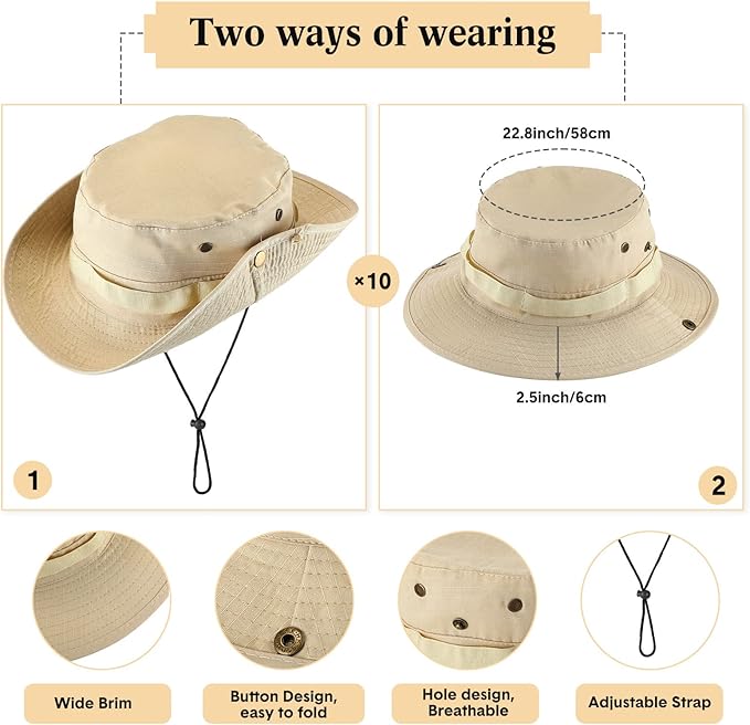 Xtinmee 10 Pcs Bucket Hat Bulk Safari Hat Wide Brim Boonie Hiking Fishing with Chin Strap for Women Men Adult Summer