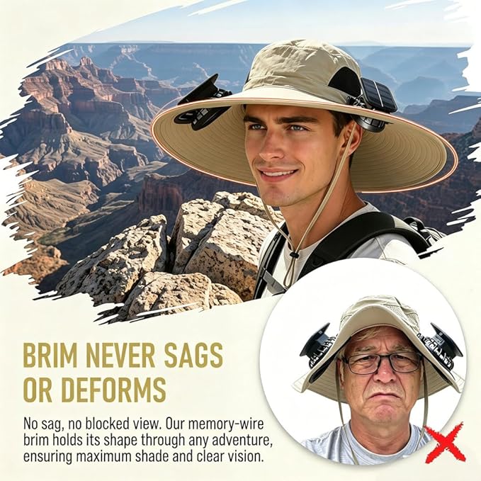 Men Sun Hat with 2 Solar Fan UPF 50+ Fishing Hats Wide Brim UV Protection Sun Hat, USB Charging