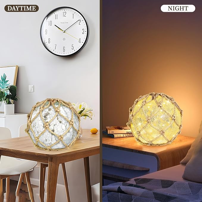 5.91" Glass Fishing Float Night Light – Cracked Glass Ball, Battery Powered Nautical Lamp for Coastal Beach Decor