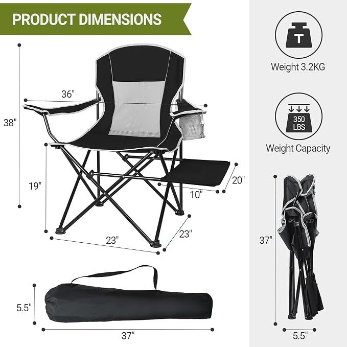XGEAR Camping Chairs 350LBS Capacity, Heavy Duty Folding Chair with Side Table, Portable Outdoor Chair with Cup Holder for Adults, Collapsible for Tailgating, Beach, Fishing, Backyard (Black, 2-Pack)