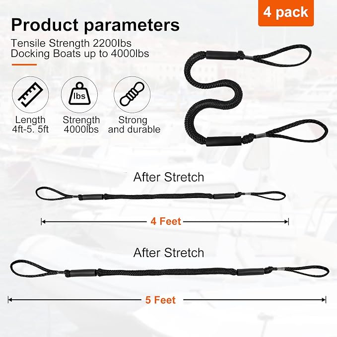 Bungee Dock Lines - Boat Accessories - 4 Feet Shock Cords Docking Rope Mooring Rope for PWC,Jet ski,Pontoon,Kayak,Canoe,Power Boat,Watercraft (Black)