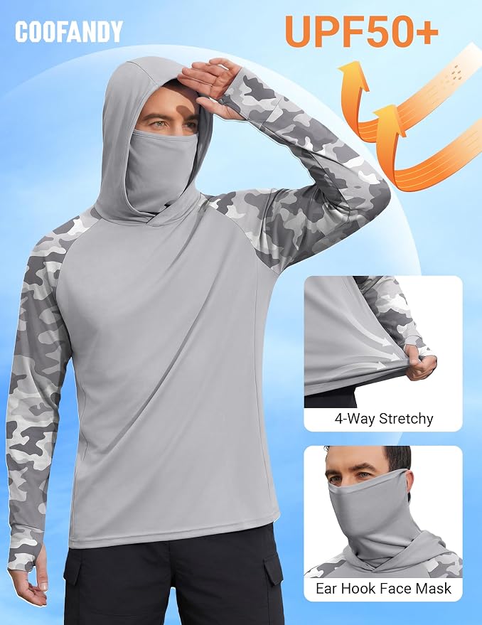 COOFANDY Mens UPF 50+ Sun Protection Hoodie with Mask Lightweight Long Sleeve SPF Fishing Shirts UV Hiking Running Rash Guard