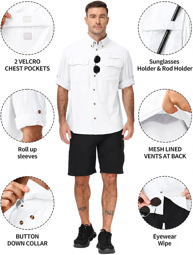 Roadbox Men's Sun Protection Fishing Shirt, Long Sleeve Cool Dry Lightweight UPF 50+ Shirts for Hiking Safari Camping Travel