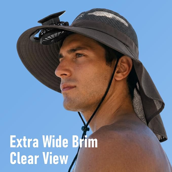 Short Brim Sun Hat with 1 Solar Fan & Neck Flap for Men Women UPF 50+ Outdoor for Garden Fishing Beach Essential