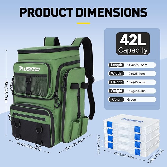 PLUSINNO Fishing Backpack with Rod Holders 4 Tackle Boxes, 42L Large Water-Resistant Fish Tackle Bag Store Fishing Gear, Camping, Hiking Gifts for Men Father, Green