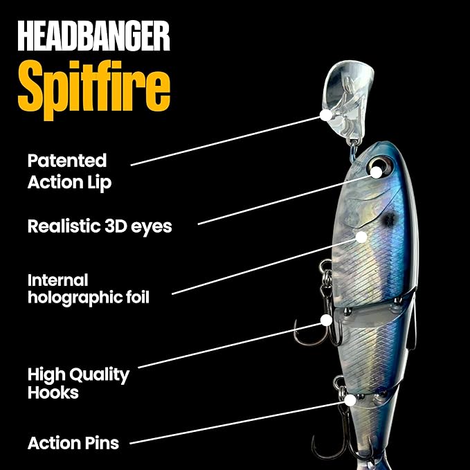 Headbanger Spitfire Topwater Fishing Lure (4-1/2" & 6-1/2") – Hybrid Wakebait & Propbait for Bass, Pike & Musky – Hard Body Swimbait with Action Lip & VMC Hooks