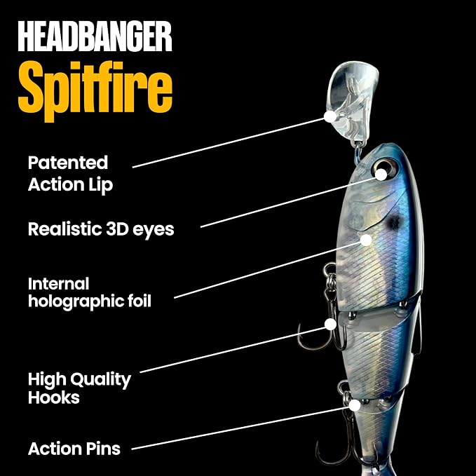 Headbanger Spitfire Topwater Fishing Lure (4-1/2" & 6-1/2") – Hybrid Wakebait & Propbait for Bass, Pike & Musky – Hard Body Swimbait with Action Lip & VMC Hooks