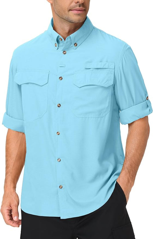 Roadbox Men's Sun Protection Fishing Shirt, Long Sleeve Cool Dry Lightweight UPF 50+ Shirts for Hiking Safari Camping Travel