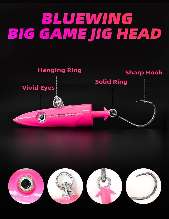 BLUEWING Jig Heads Saltwater 2oz,3oz,4oz,5oz,6oz,7oz Swimming Jigheads 1pc with High Carbon Steel Swing Hook and 6in/9in Replacement Tail Big Game Fishing Lures