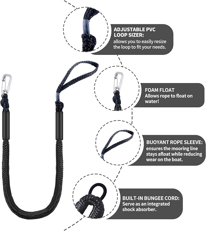 Boat Bungee Dock Lines – Adjustable Boat Tie Downs for Pontoon, Jet Ski, PWC, Kayak | Single Hook Small Cruiser Mooring Lines | (2, Black, 4 Feet)