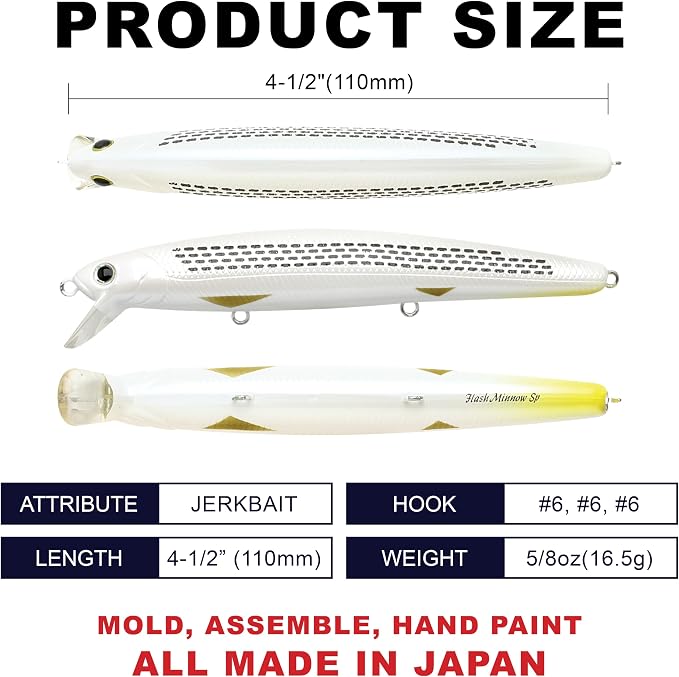 LUCKY CRAFT FlashMinnow 110, Saltwater Fishing Lures, Jerkbait Surf Fishing Accessories and Gear, 1-2 ft Slow Suspending Topwater Lure, Halibut and Bass