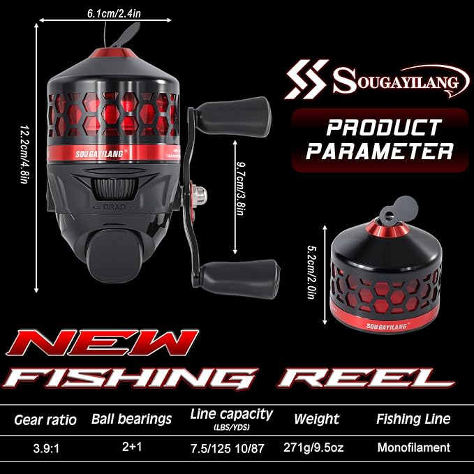 Sougayilang Spincast Fishing Reel,High Speed 3.9:1 Gear Ratio,Trouble-Free Push-Button Bait Casting Design and Reversible Handle for Left/Right Retrieve,Pre-Spooled with Monofilament Line