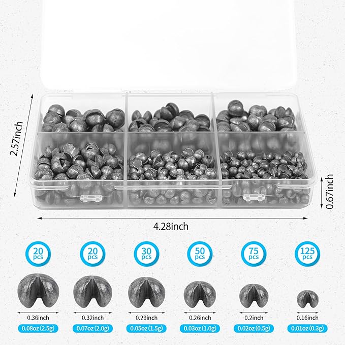 Caleb 200/320Pcs Split Shot Fishing Weights Sinkers, Removable Lead Fishing Weights, Premium Duckbill Reusable Fishing Sinkers for Freshwater Saltwater Bass Trout Fishing Accessories - 5/6 Sizes